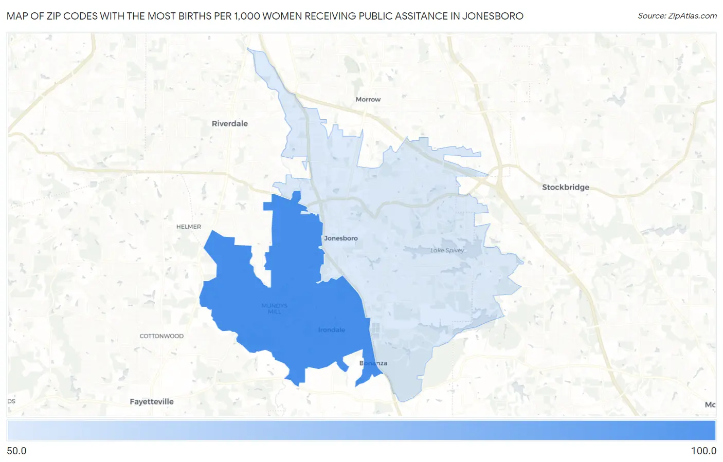 Zip Codes with the Most Births per 1,000 Women Receiving Public Assitance in Jonesboro Map