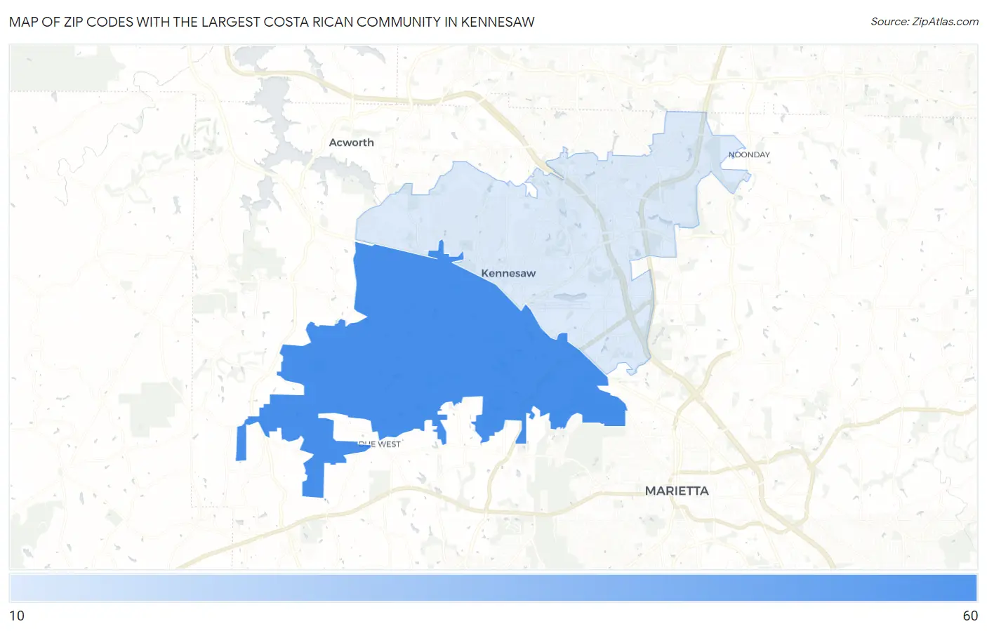 Zip Codes with the Largest Costa Rican Community in Kennesaw Map