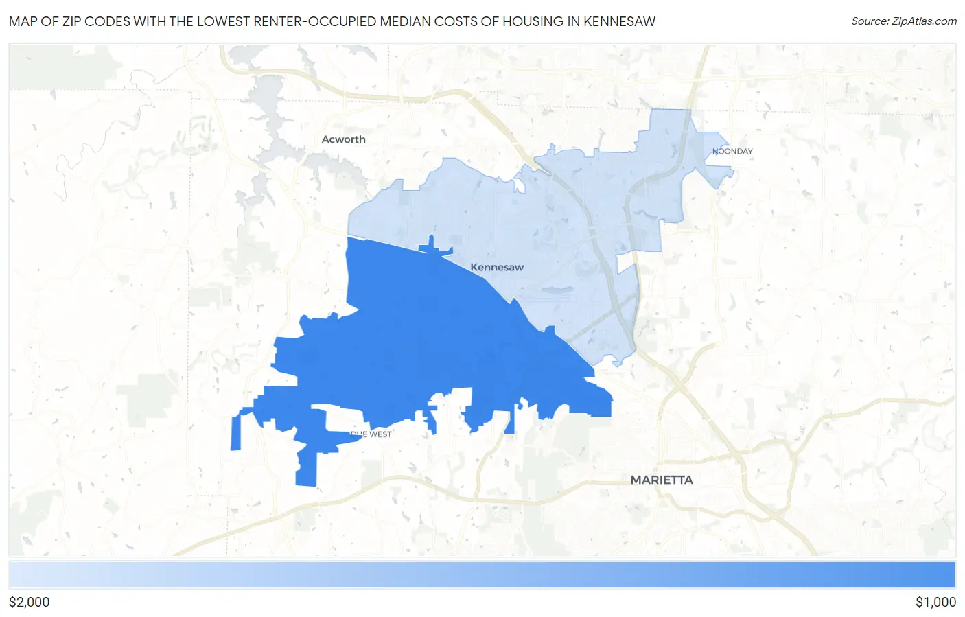 Zip Codes with the Lowest Renter-Occupied Median Costs of Housing in Kennesaw Map