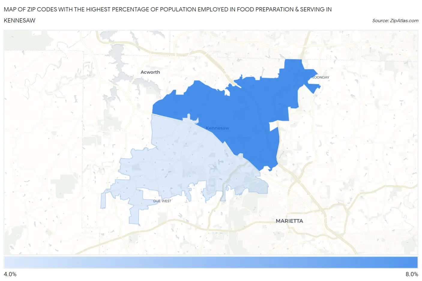 Zip Codes with the Highest Percentage of Population Employed in Food Preparation & Serving in Kennesaw Map