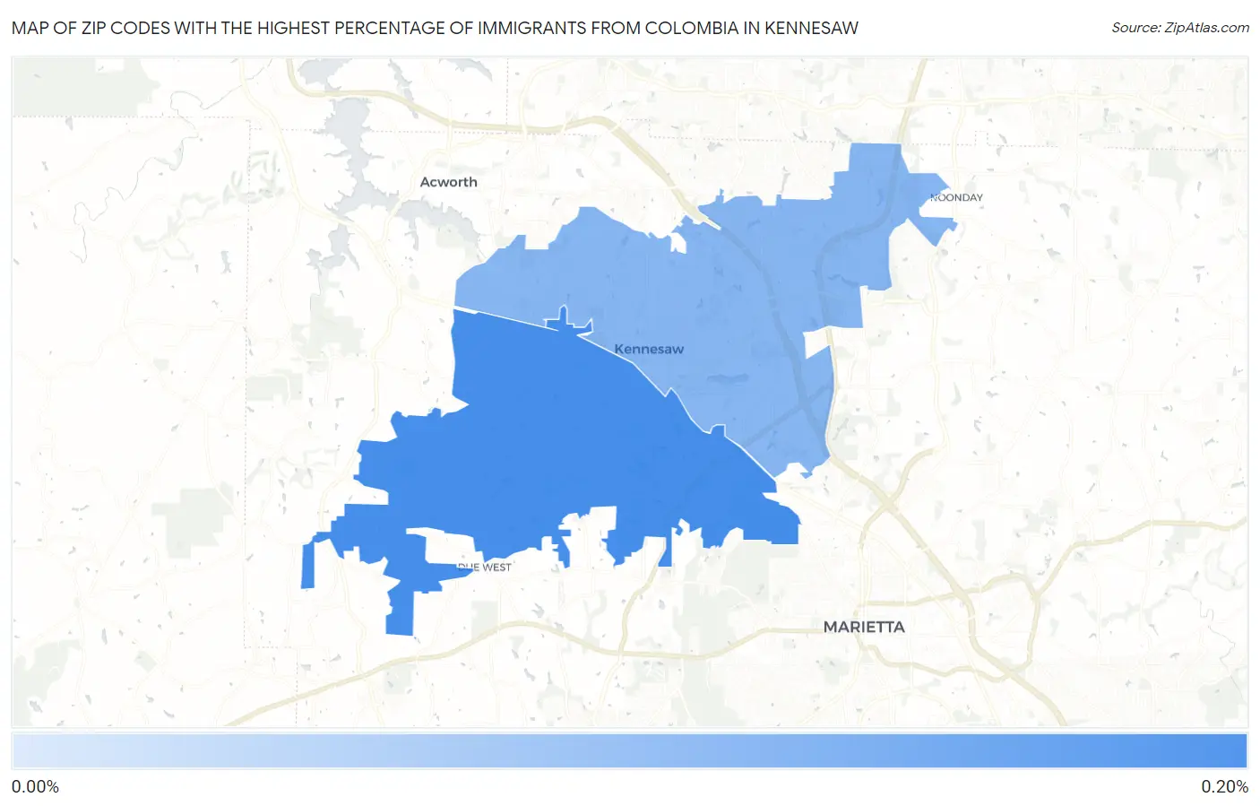 Zip Codes with the Highest Percentage of Immigrants from Colombia in Kennesaw Map