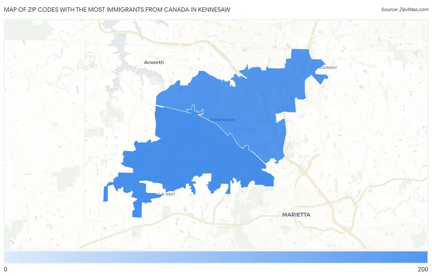 Zip Codes with the Most Immigrants from Canada in Kennesaw Map