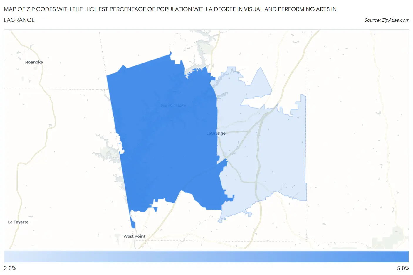 Zip Codes with the Highest Percentage of Population with a Degree in Visual and Performing Arts in Lagrange Map