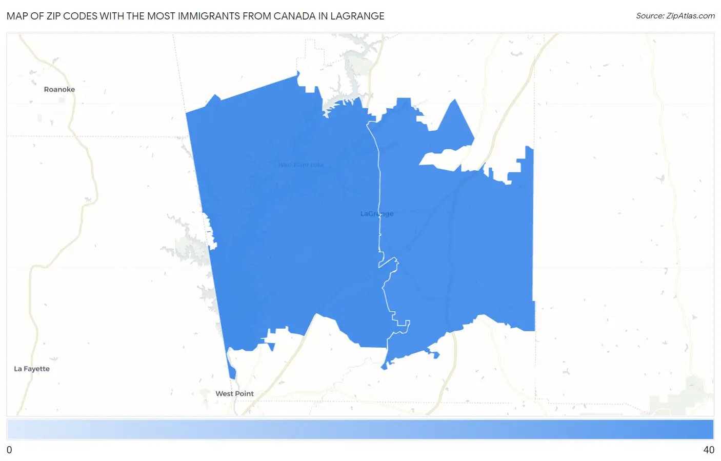 Zip Codes with the Most Immigrants from Canada in Lagrange Map