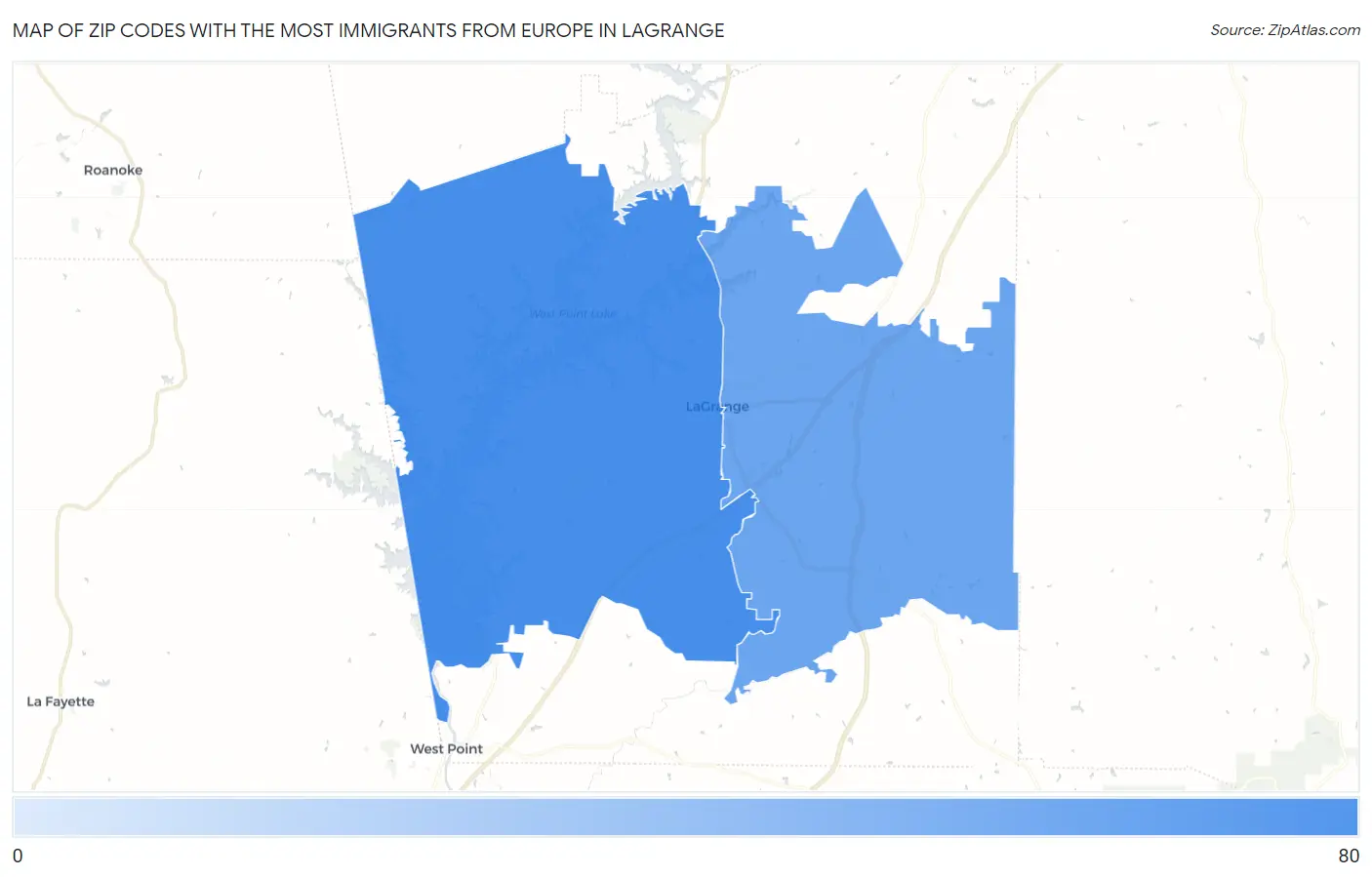 Zip Codes with the Most Immigrants from Europe in Lagrange Map