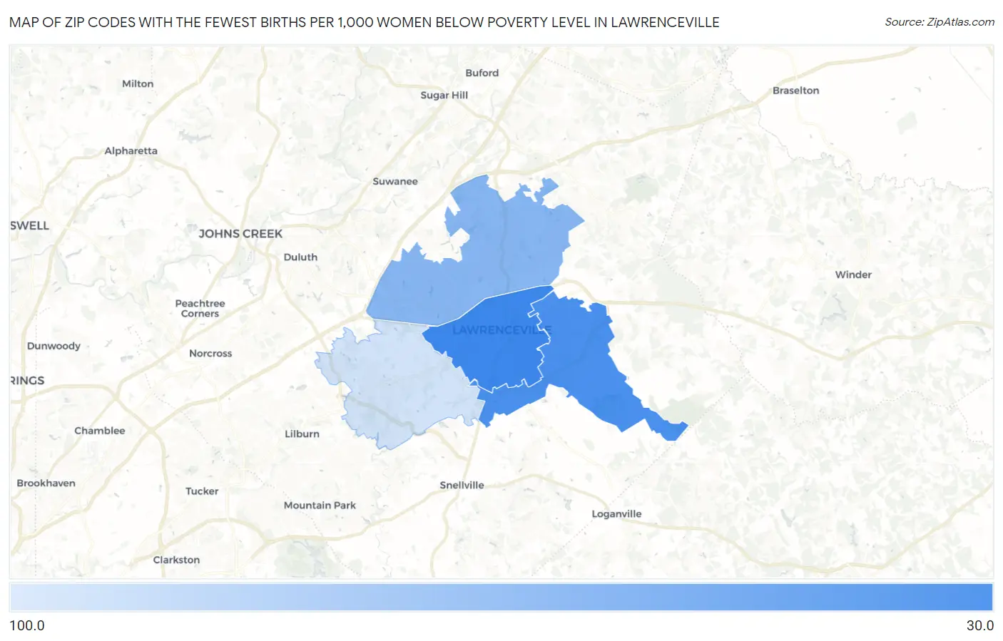Zip Codes with the Fewest Births per 1,000 Women Below Poverty Level in Lawrenceville Map