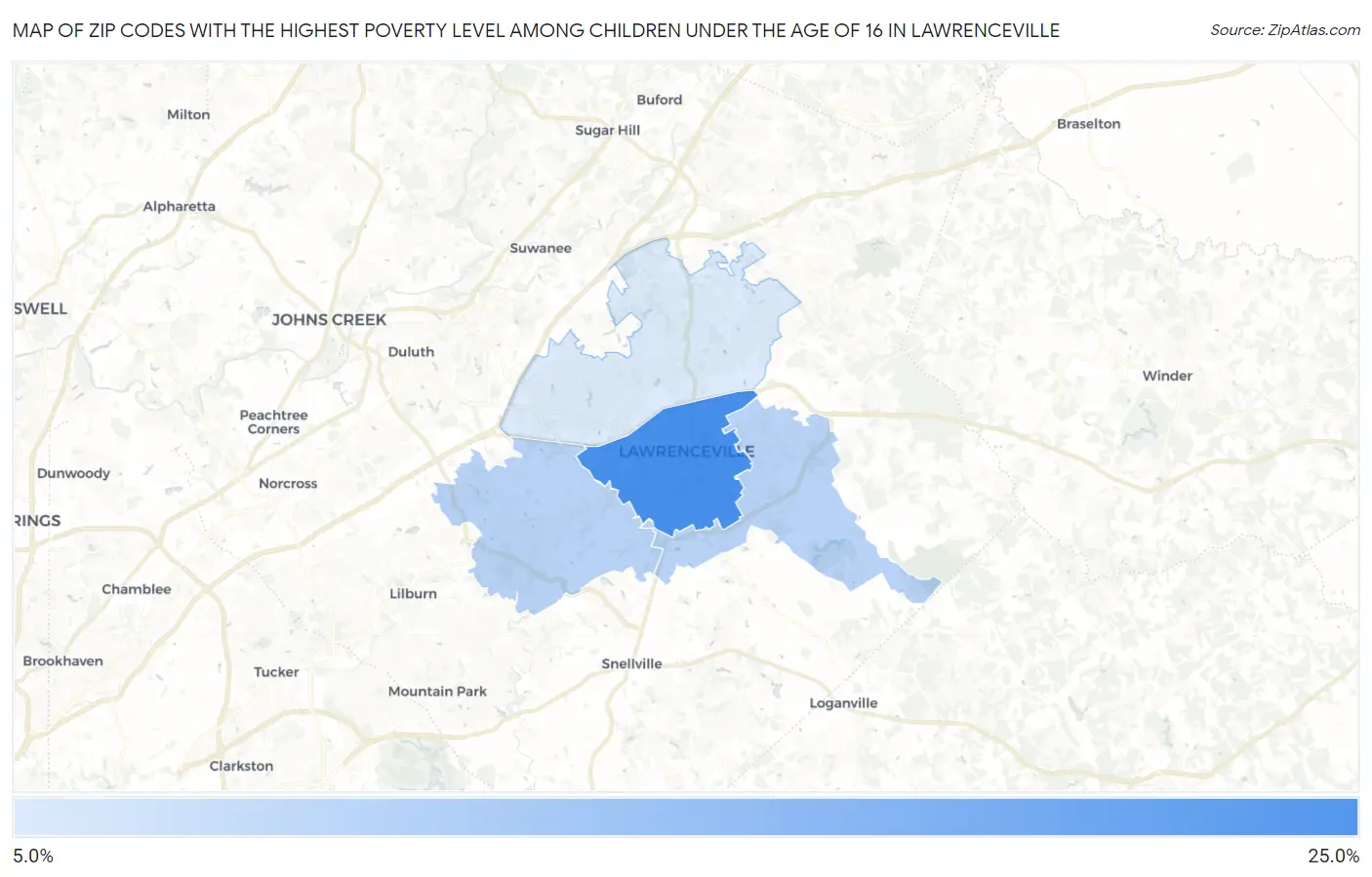 Zip Codes with the Highest Poverty Level Among Children Under the Age of 16 in Lawrenceville Map