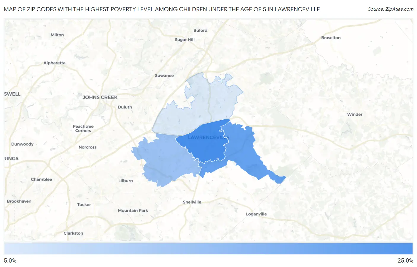 Zip Codes with the Highest Poverty Level Among Children Under the Age of 5 in Lawrenceville Map