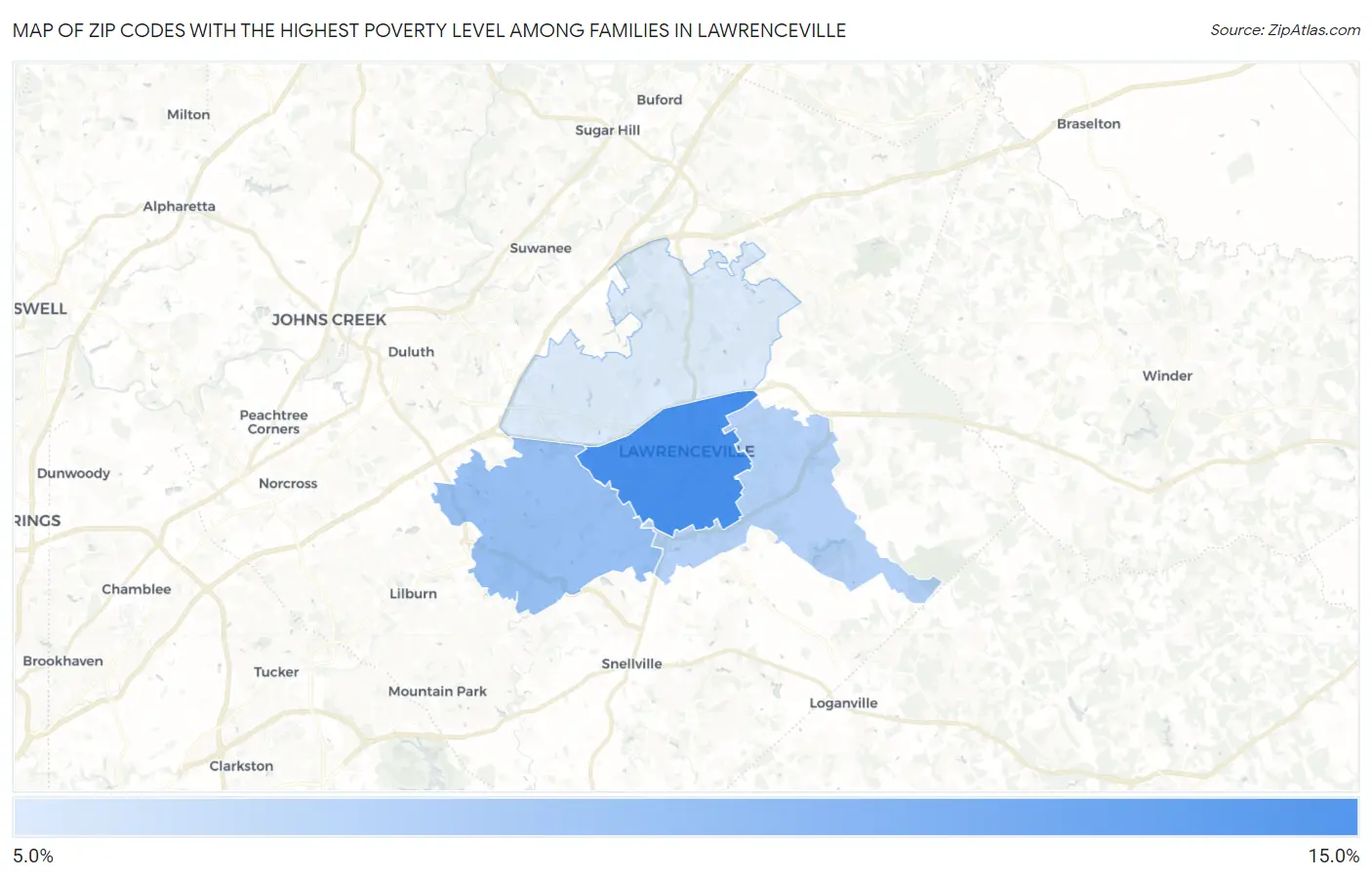 Zip Codes with the Highest Poverty Level Among Families in Lawrenceville Map