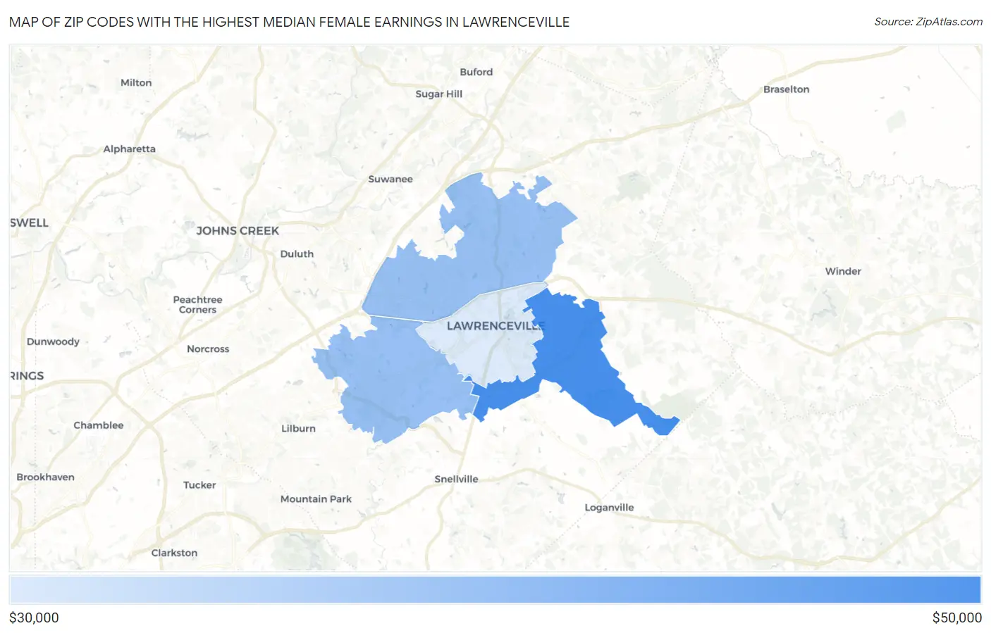 Zip Codes with the Highest Median Female Earnings in Lawrenceville Map