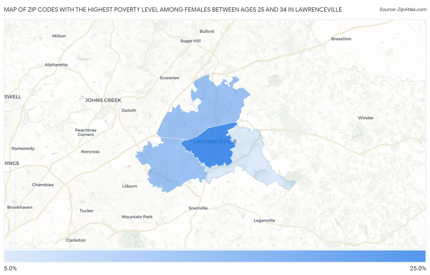 Zip Codes with the Highest Poverty Level Among Females Between Ages 25 and 34 in Lawrenceville Map