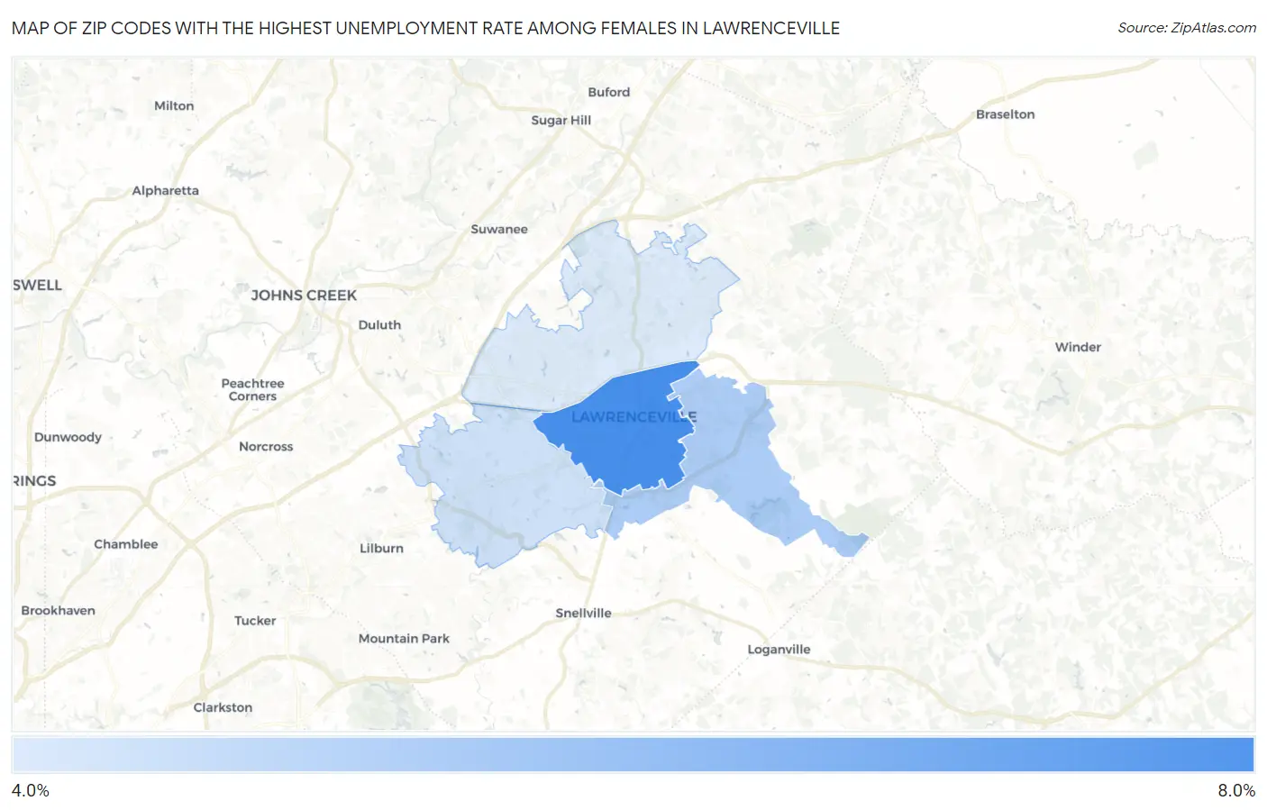Zip Codes with the Highest Unemployment Rate Among Females in Lawrenceville Map
