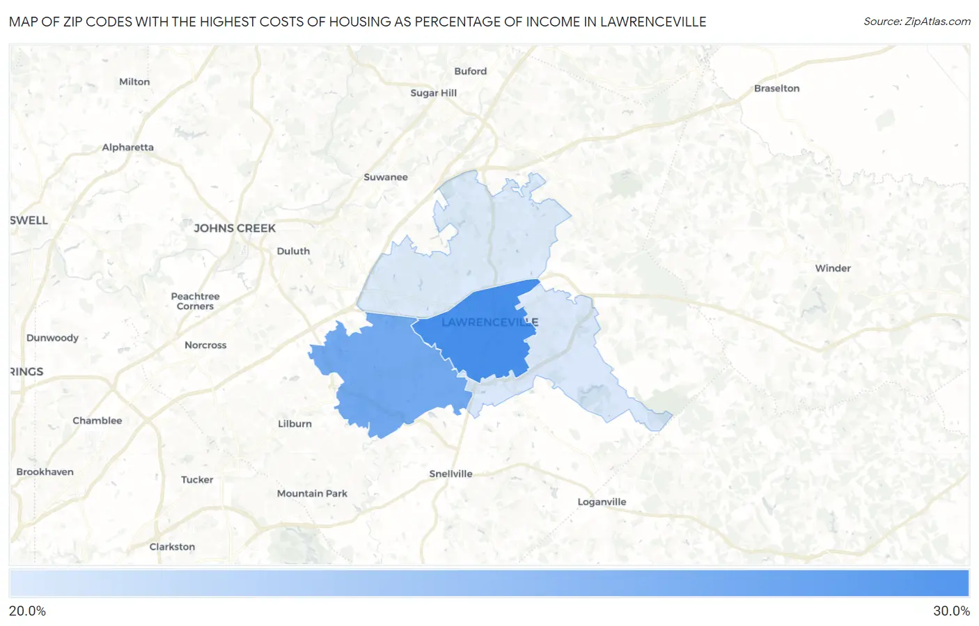 Zip Codes with the Highest Costs of Housing as Percentage of Income in Lawrenceville Map