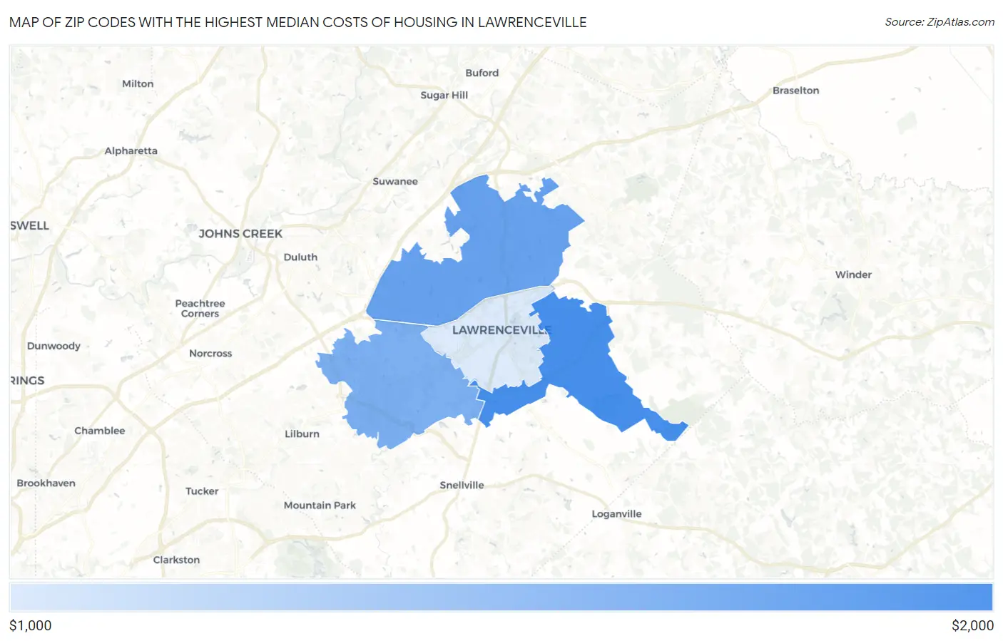 Zip Codes with the Highest Median Costs of Housing in Lawrenceville Map