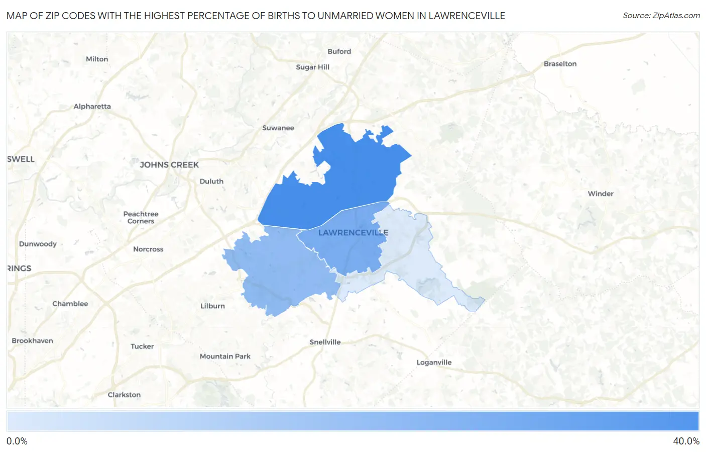 Zip Codes with the Highest Percentage of Births to Unmarried Women in Lawrenceville Map