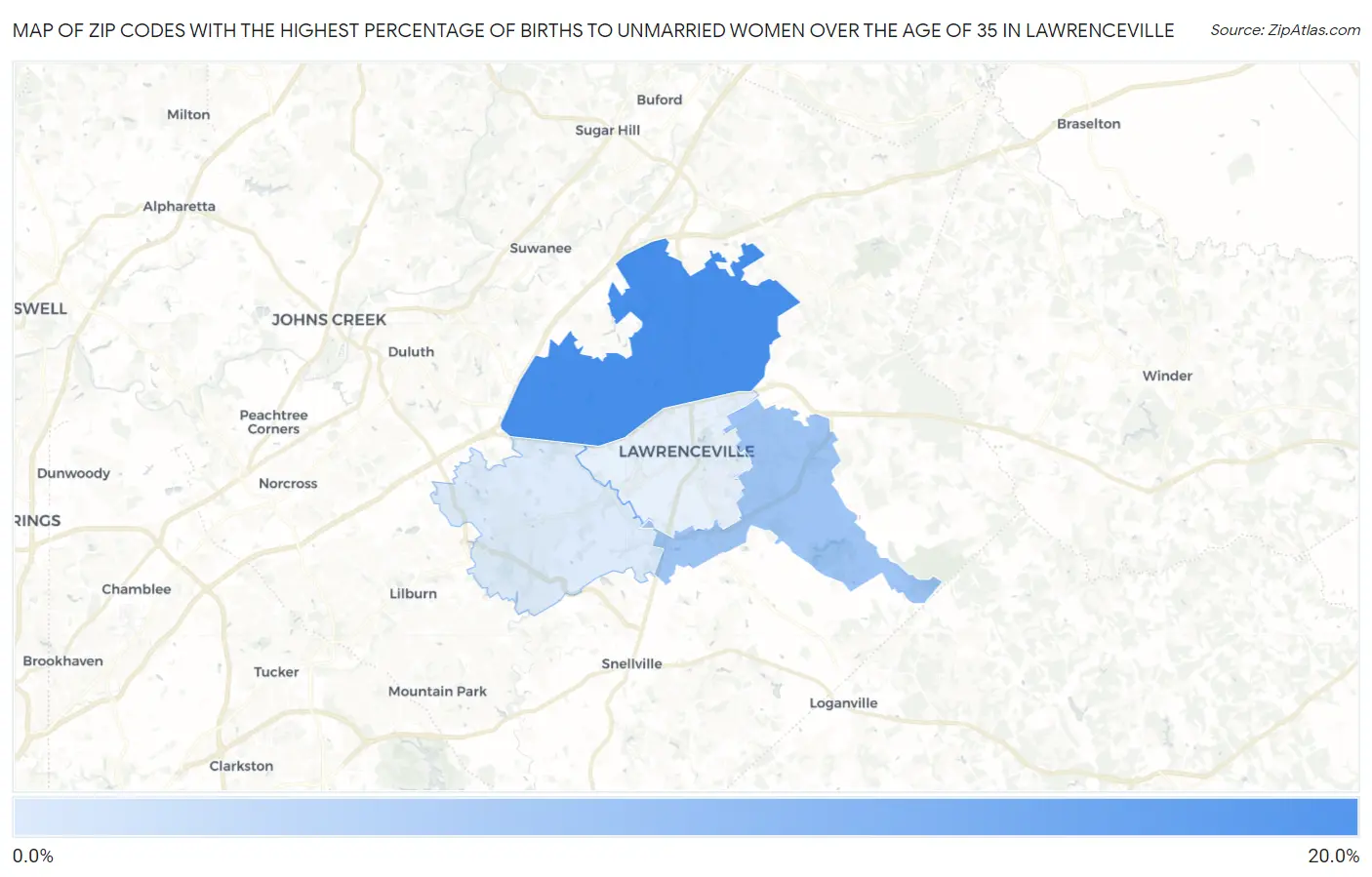 Zip Codes with the Highest Percentage of Births to Unmarried Women over the Age of 35 in Lawrenceville Map