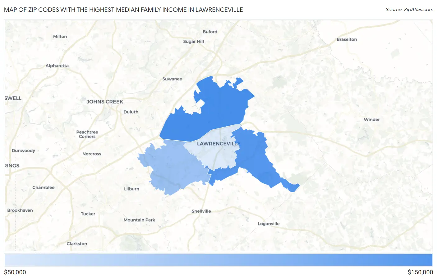 Zip Codes with the Highest Median Family Income in Lawrenceville Map