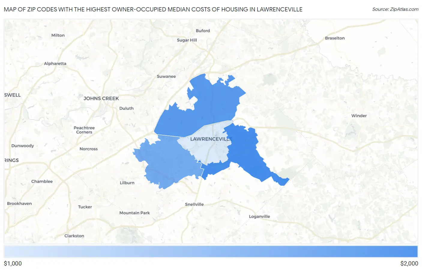Zip Codes with the Highest Owner-Occupied Median Costs of Housing in Lawrenceville Map