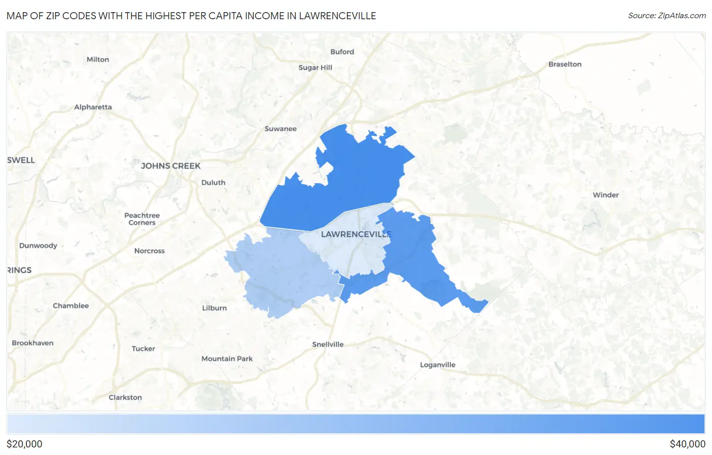 Zip Codes with the Highest Per Capita Income in Lawrenceville Map