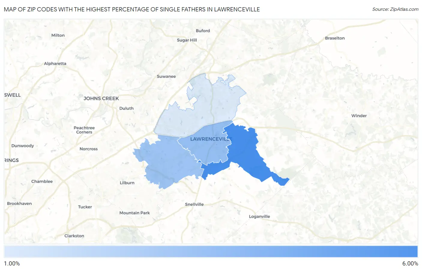 Zip Codes with the Highest Percentage of Single Fathers in Lawrenceville Map