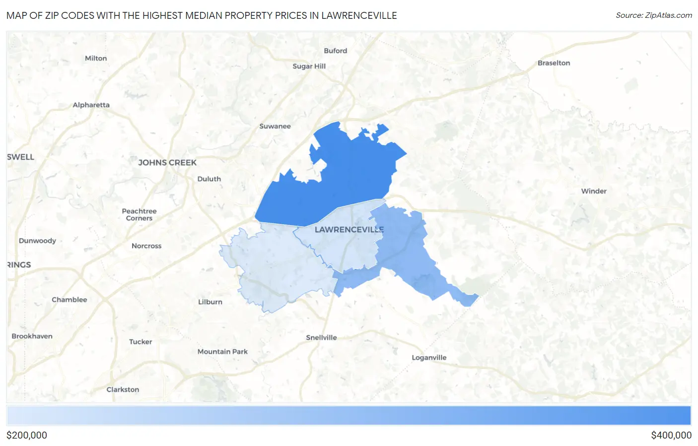 Zip Codes with the Highest Median Property Prices in Lawrenceville Map