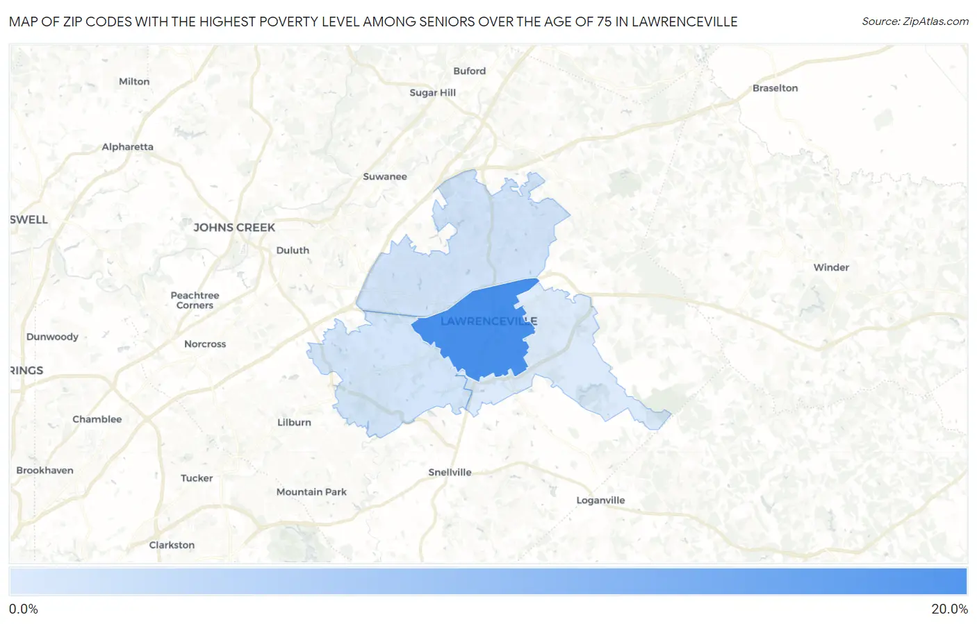 Zip Codes with the Highest Poverty Level Among Seniors Over the Age of 75 in Lawrenceville Map