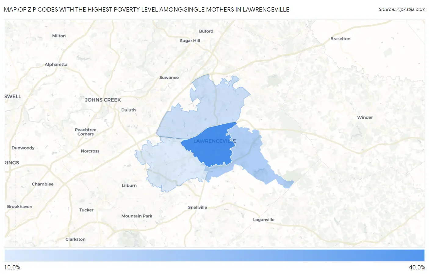 Zip Codes with the Highest Poverty Level Among Single Mothers in Lawrenceville Map