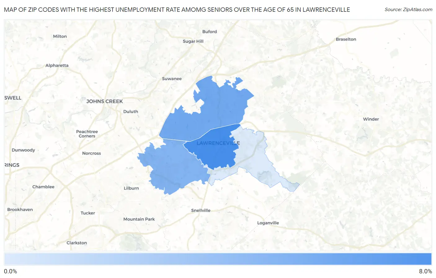 Zip Codes with the Highest Unemployment Rate Amomg Seniors Over the Age of 65 in Lawrenceville Map