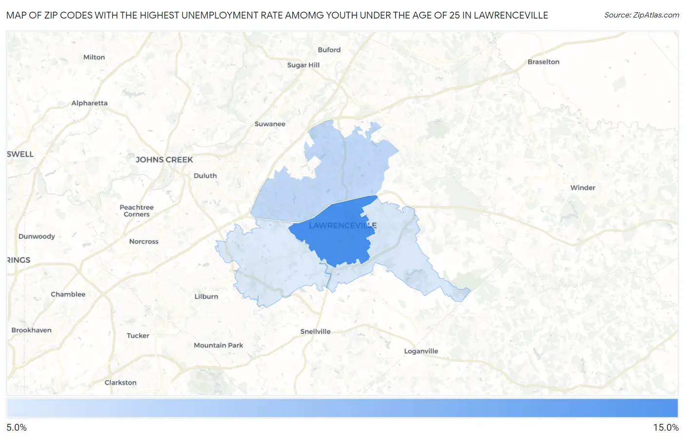 Zip Codes with the Highest Unemployment Rate Amomg Youth Under the Age of 25 in Lawrenceville Map