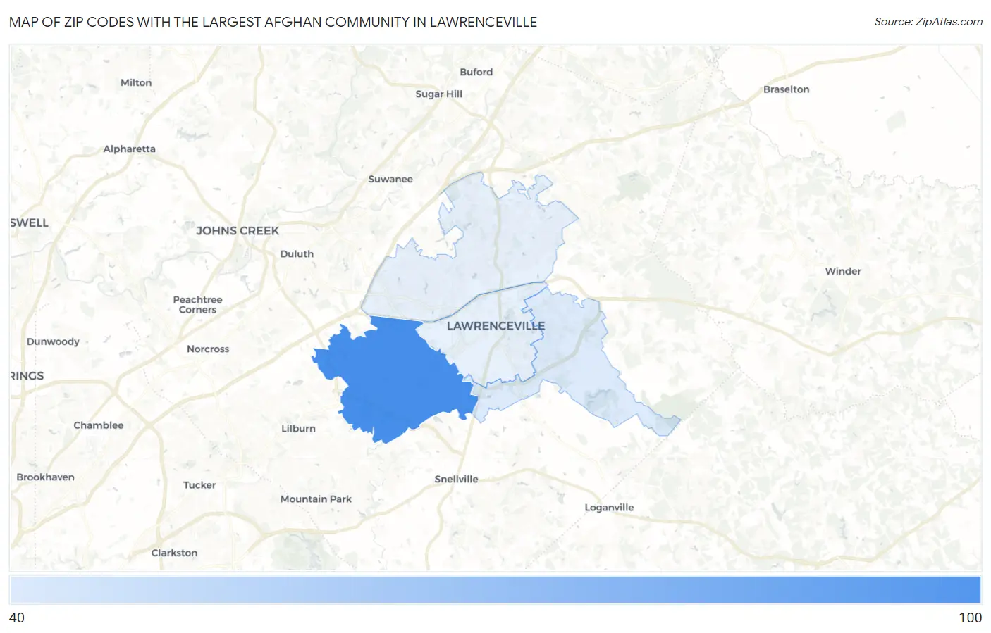 Zip Codes with the Largest Afghan Community in Lawrenceville Map