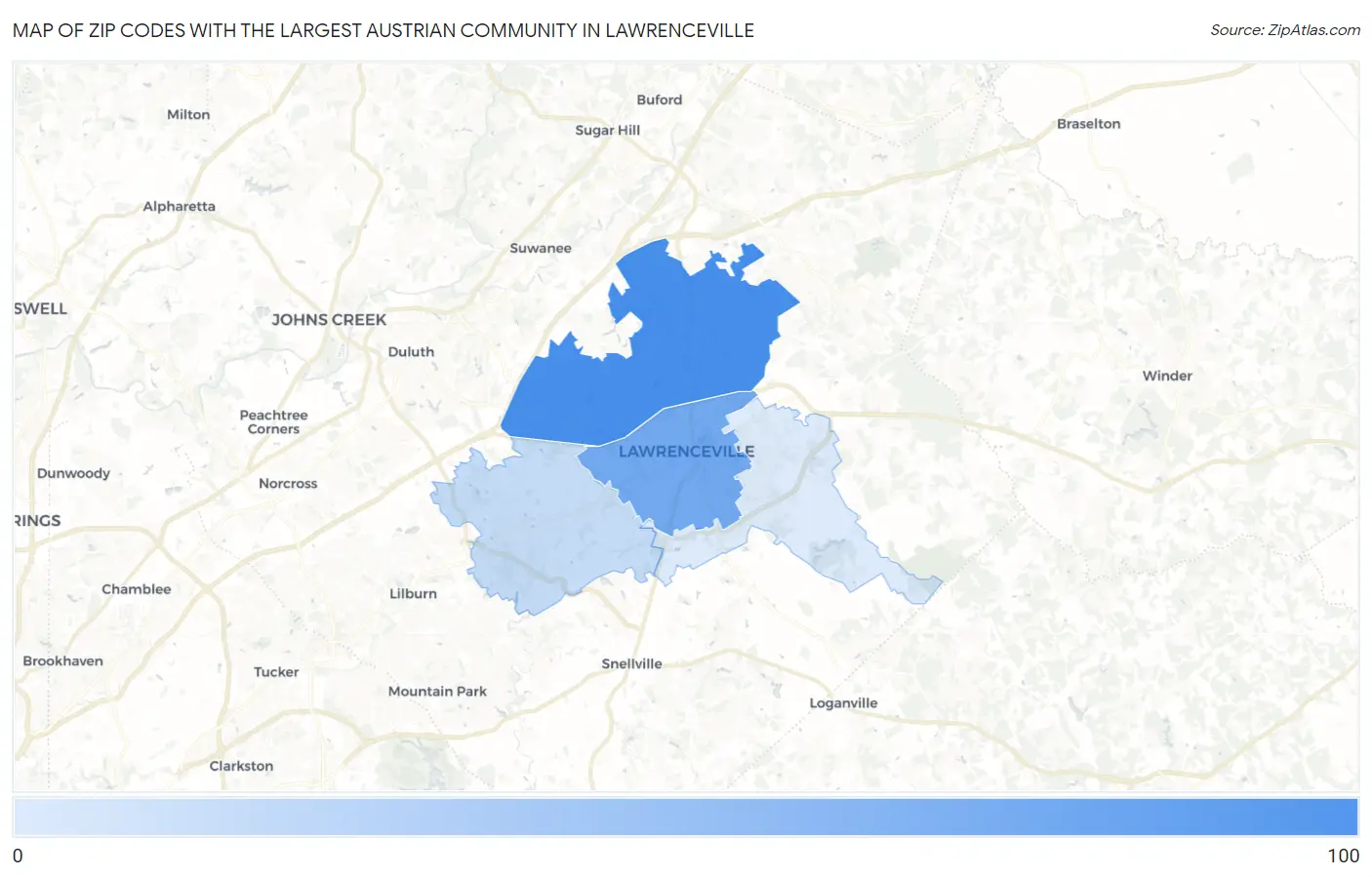 Zip Codes with the Largest Austrian Community in Lawrenceville Map