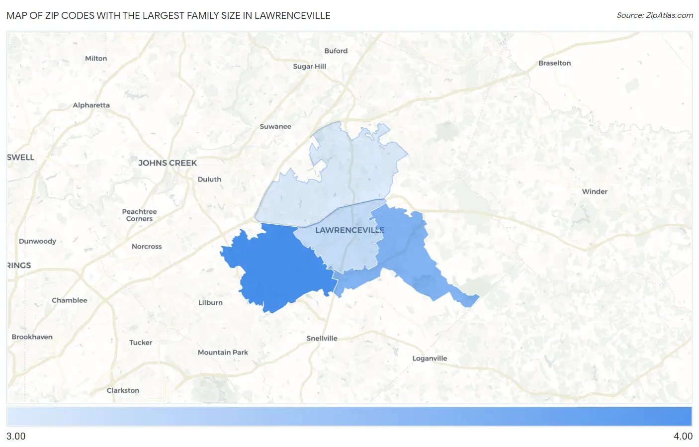 Zip Codes with the Largest Family Size in Lawrenceville Map