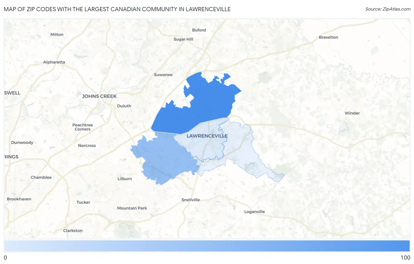 Zip Codes with the Largest Canadian Community in Lawrenceville Map