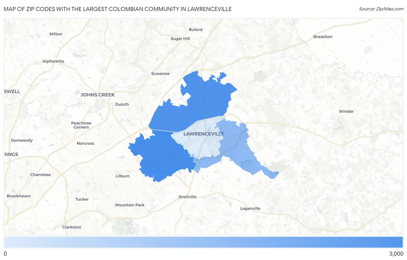 Zip Codes with the Largest Colombian Community in Lawrenceville Map