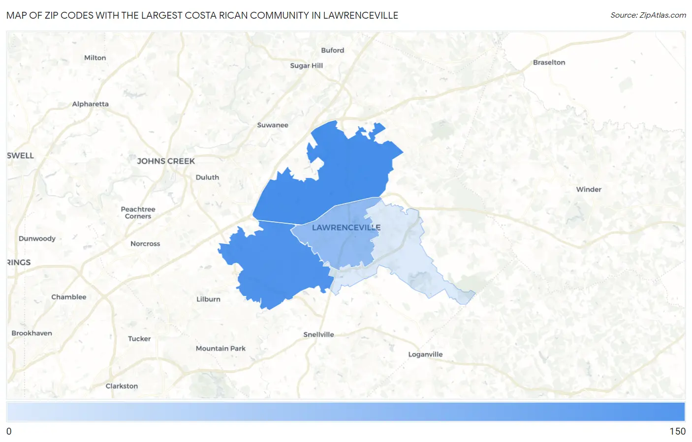 Zip Codes with the Largest Costa Rican Community in Lawrenceville Map