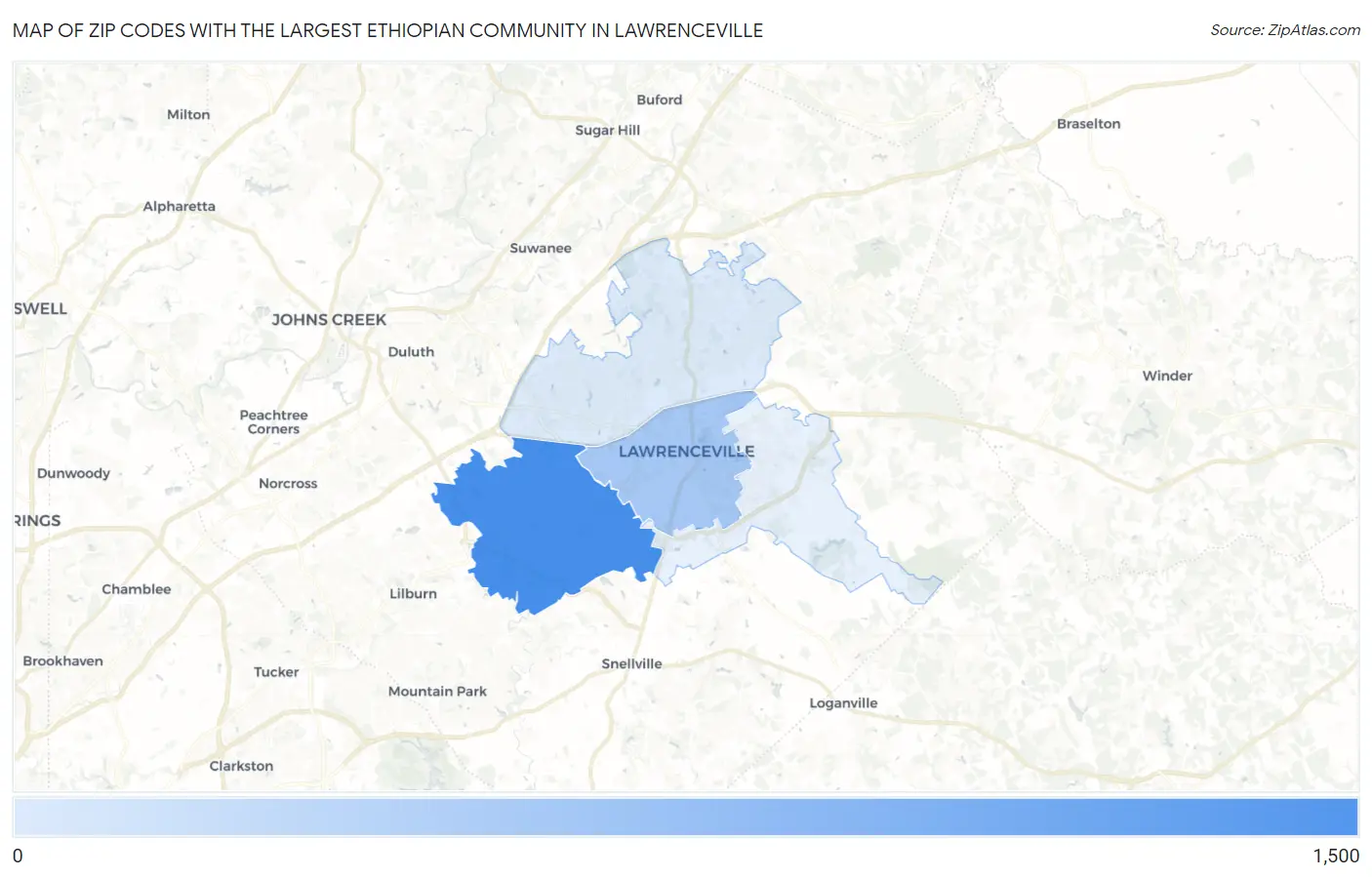 Zip Codes with the Largest Ethiopian Community in Lawrenceville Map