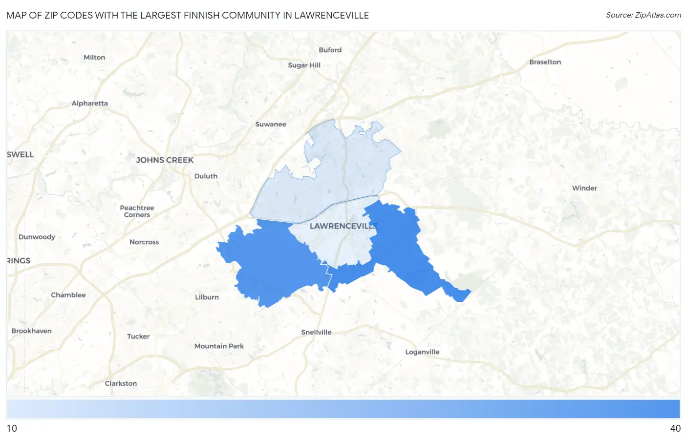 Zip Codes with the Largest Finnish Community in Lawrenceville Map