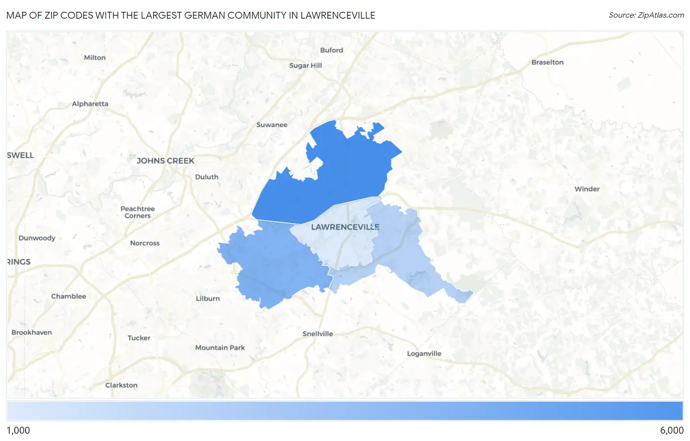 Zip Codes with the Largest German Community in Lawrenceville Map