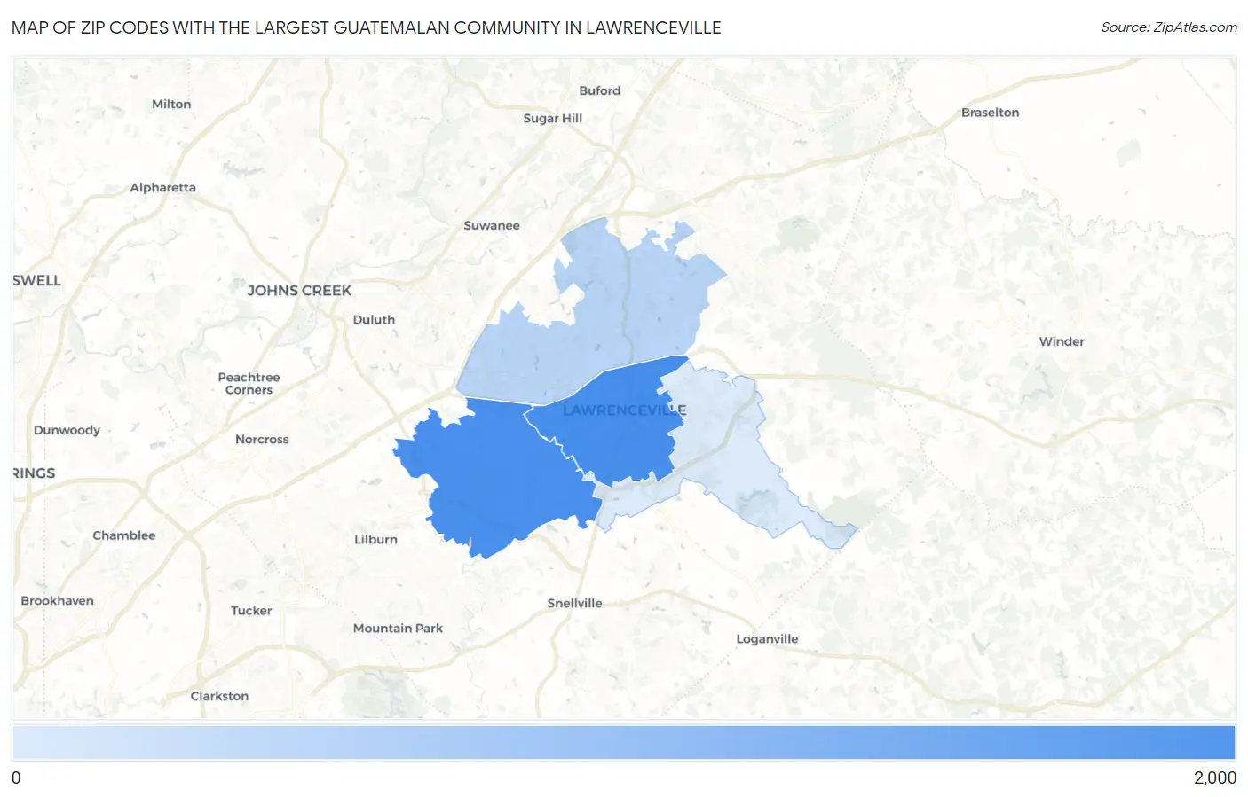 Zip Codes with the Largest Guatemalan Community in Lawrenceville Map