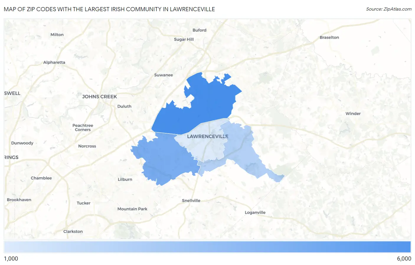 Zip Codes with the Largest Irish Community in Lawrenceville Map