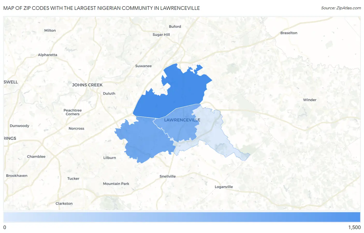 Zip Codes with the Largest Nigerian Community in Lawrenceville Map