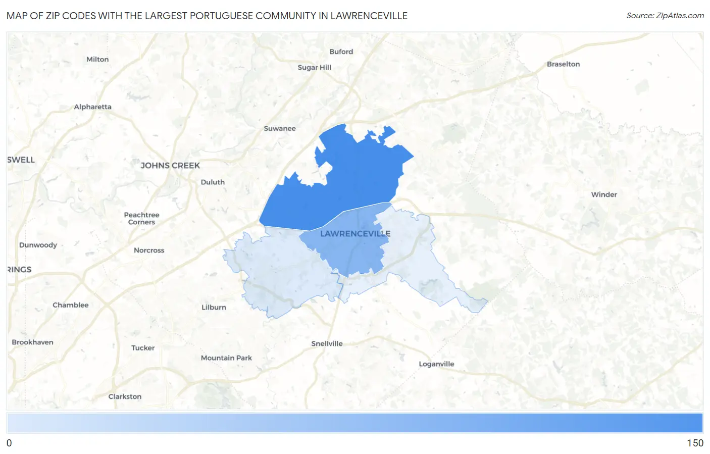 Zip Codes with the Largest Portuguese Community in Lawrenceville Map