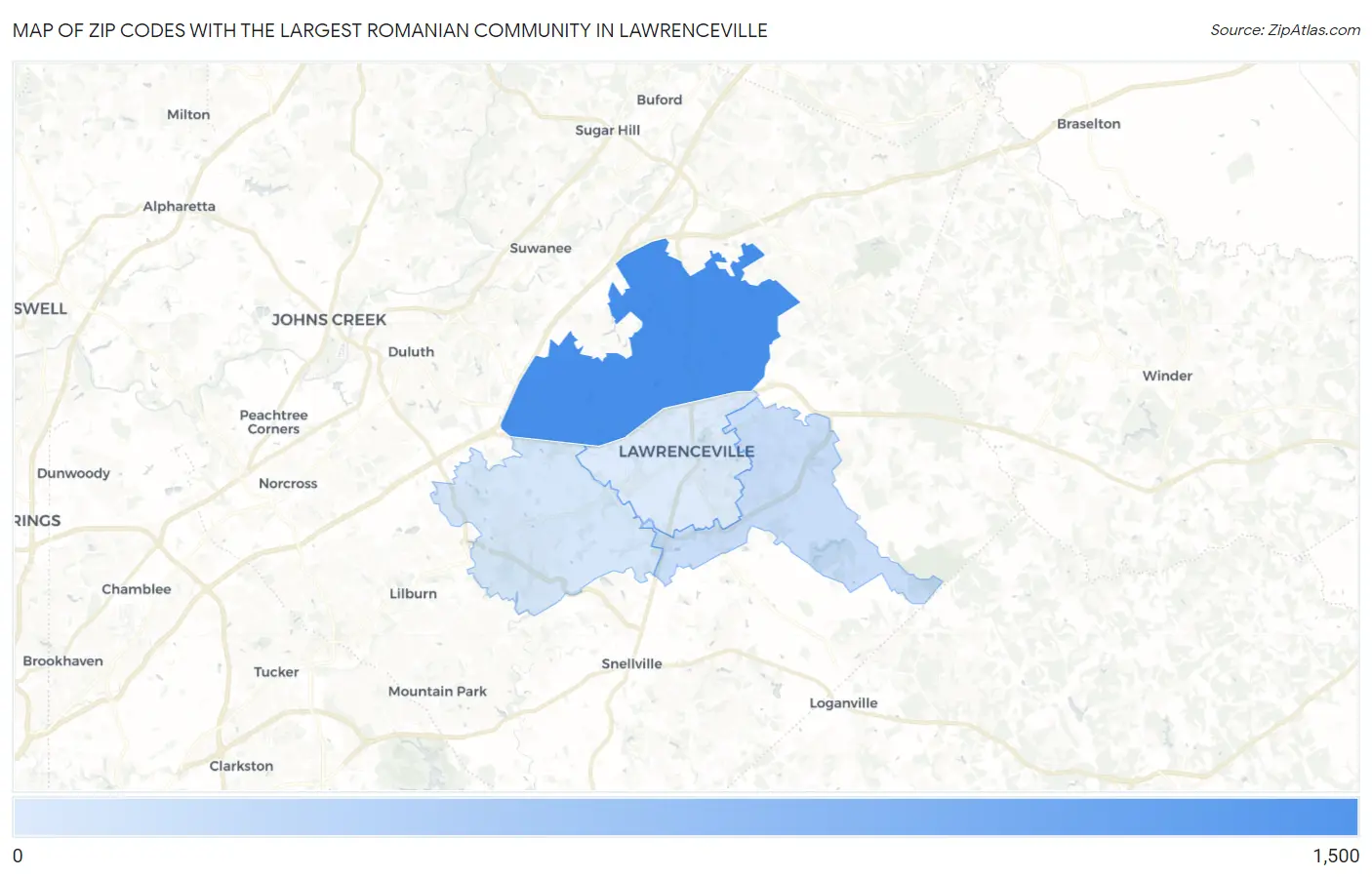 Zip Codes with the Largest Romanian Community in Lawrenceville Map