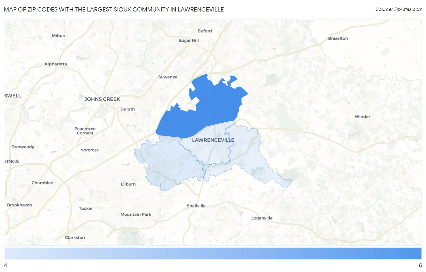 Zip Codes with the Largest Sioux Community in Lawrenceville Map