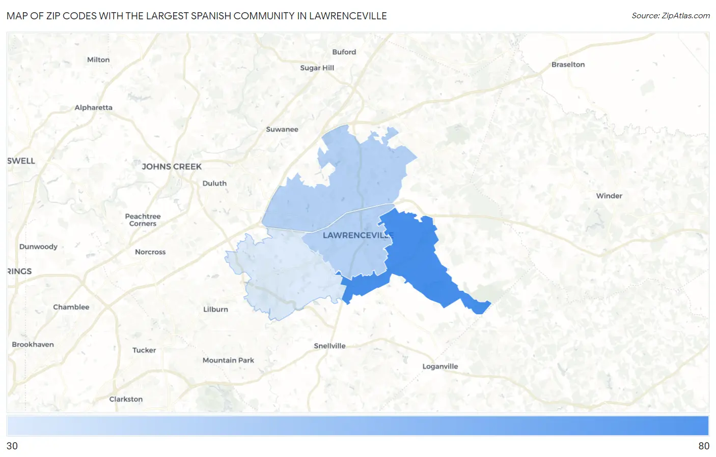 Zip Codes with the Largest Spanish Community in Lawrenceville Map