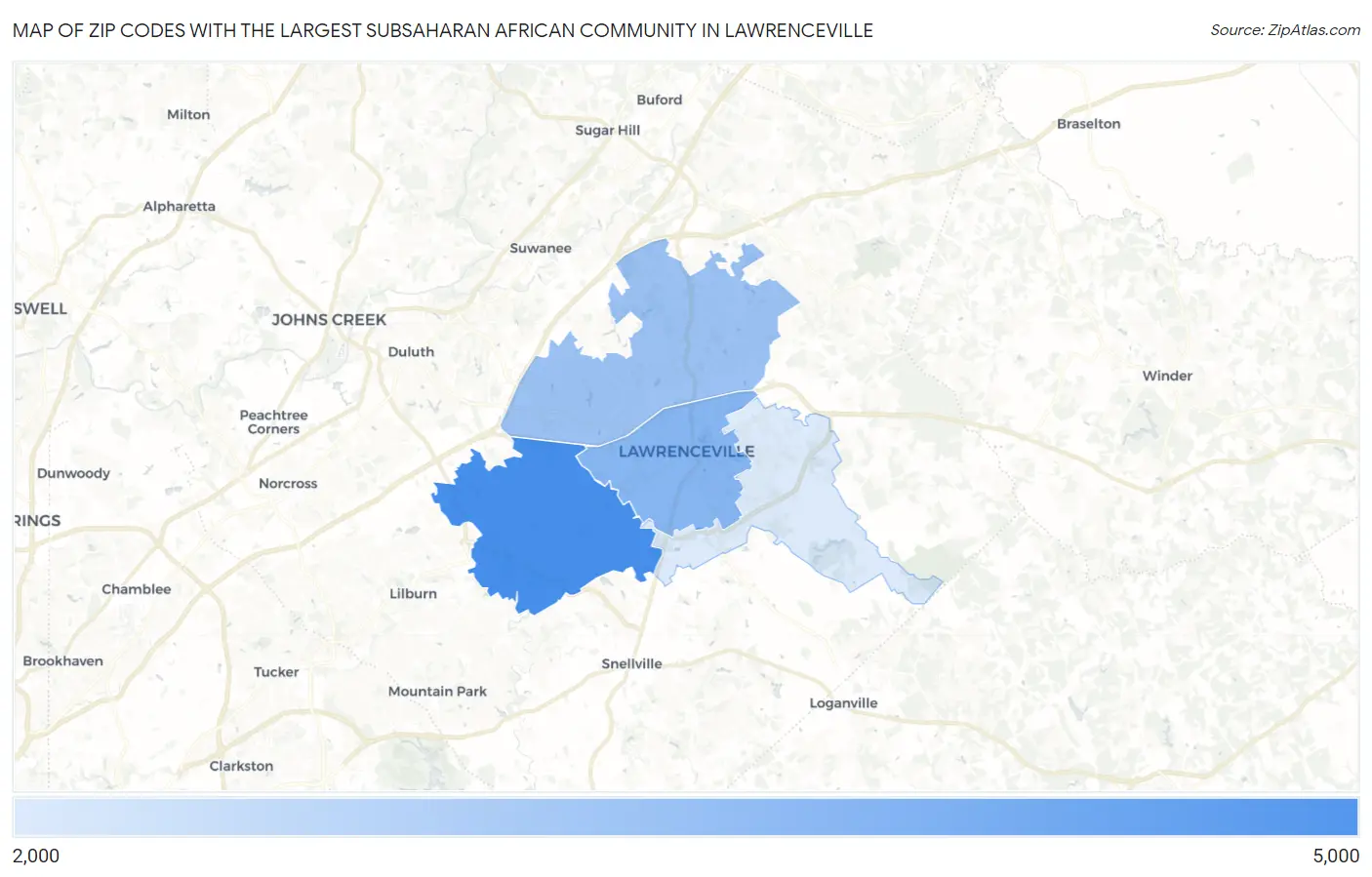 Zip Codes with the Largest Subsaharan African Community in Lawrenceville Map