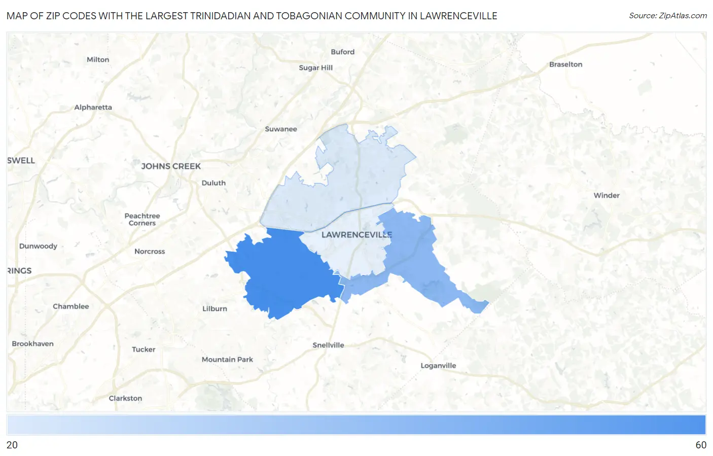Zip Codes with the Largest Trinidadian and Tobagonian Community in Lawrenceville Map