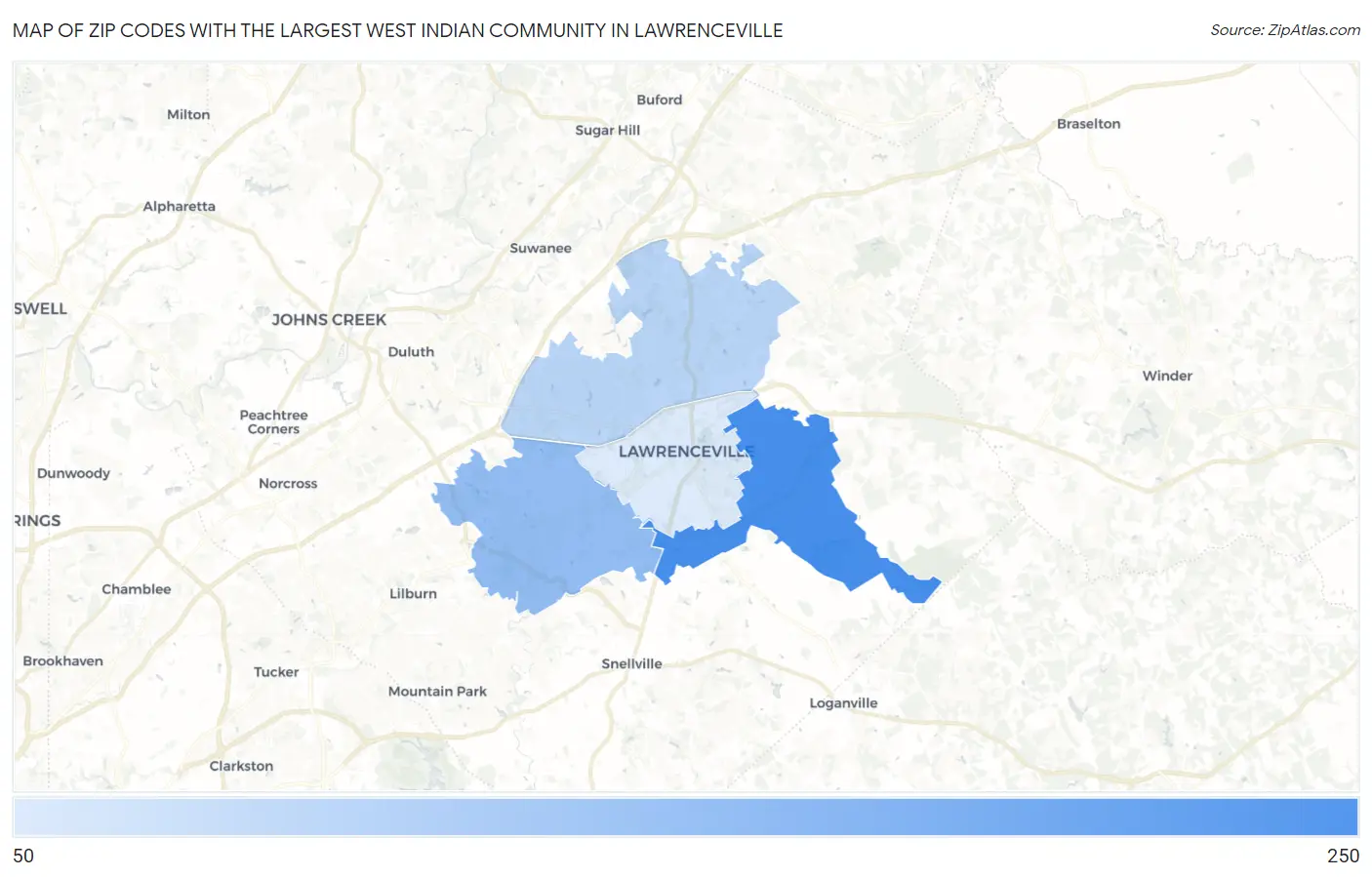 Zip Codes with the Largest West Indian Community in Lawrenceville Map