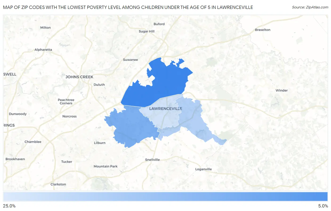 Zip Codes with the Lowest Poverty Level Among Children Under the Age of 5 in Lawrenceville Map
