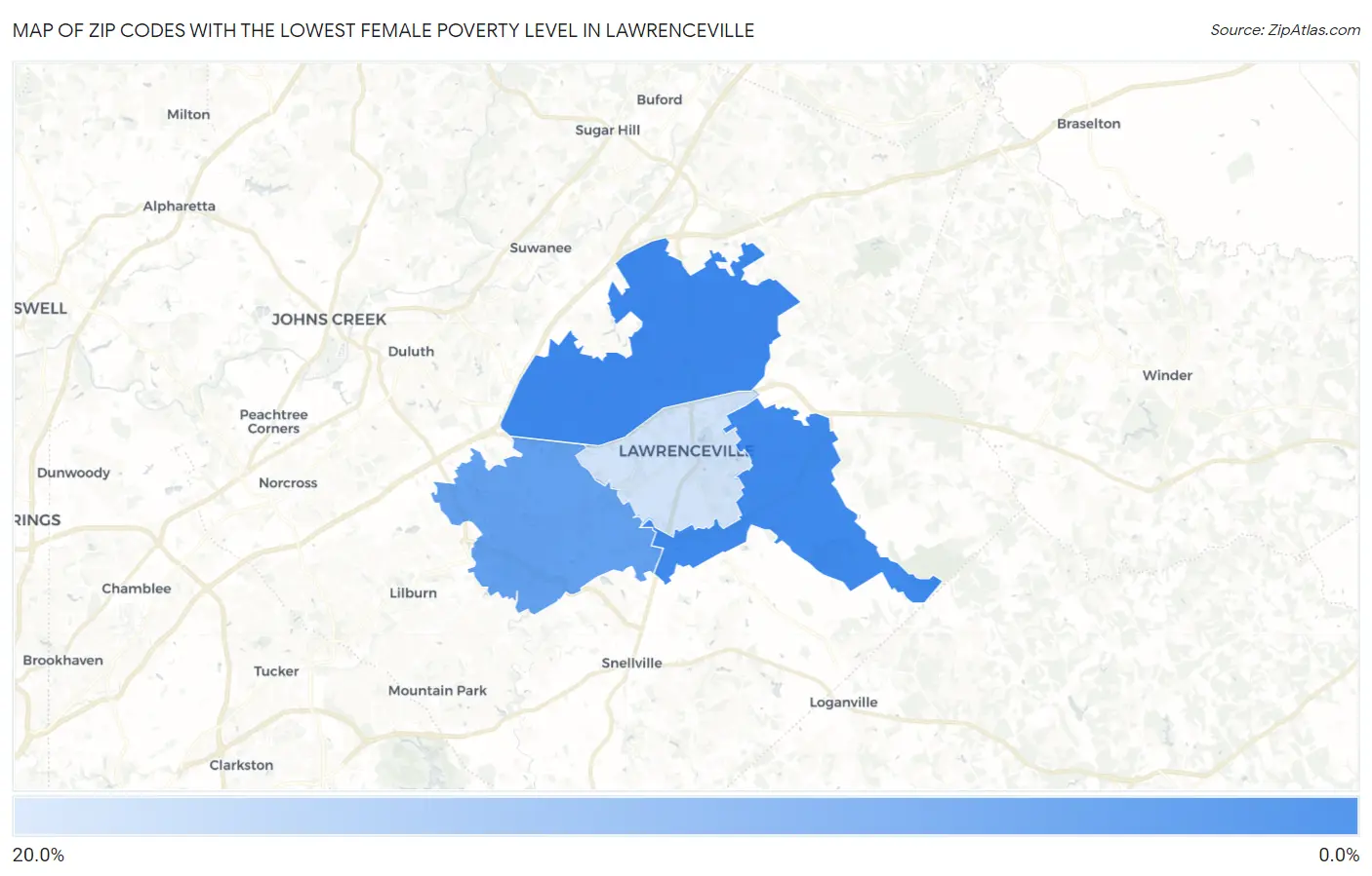 Zip Codes with the Lowest Female Poverty Level in Lawrenceville Map
